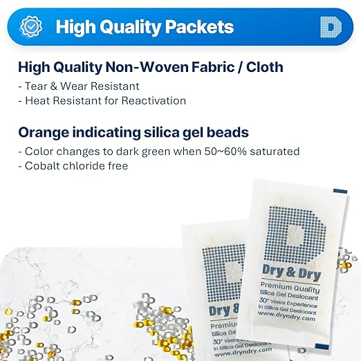 Dry & Dry 10 Gram [20 Packets] Premium Orange Indicating Silica Gel Packets Desiccants - Food Safe Silica Packets Silica Gel Silica Gel Packets - Indicating (10 Gram)