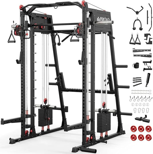 Mikolo Smith Machine, 2200lbs Squat Rack with LAT-Pull Down System & Cable Crossover Machine, Training Equipment with Leg Hold-Down Attachment-FlexoryFit