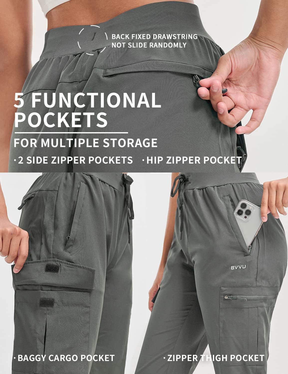 BVVU Women's Hiking Pants Lightweight Quick Dry Travel Outdoor Pants Waterproof Work Cargo Joggers with Zipper Pockets