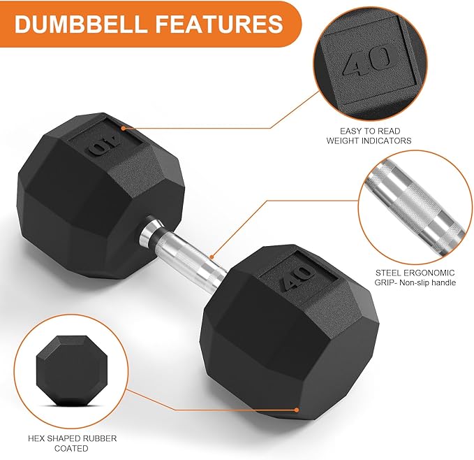 Rubber Coated Hex Dumbbell Weight Set, Multiple Sizes Exercise & Fitness Dumbbells,100LB Set,110LB Set,200LB,350LB,450LB,550LB, 35-50Lbs Pairs for Muscle Toning, Strength Building & Full Body Workout-FlexoryFit