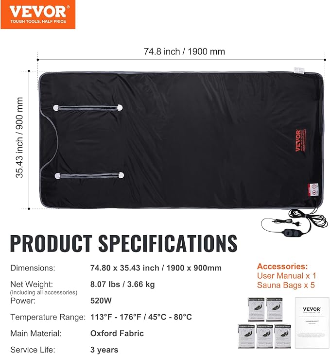 VEVOR Sauna Blanket, Compact Infrared Home Sauna with Oxford Fabric, Features Arm Openings & Carbon Fiber Warmers, Temp Settings 95-176℉, Timer 5-60 Mins, 75x35 inches