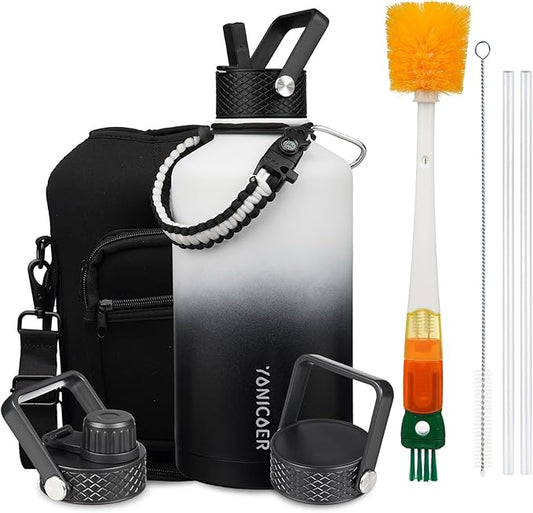 Insulated Water Bottle 64oz,Triple Wall Vacuum Stainless Steel(Dishwasher Safe),Leak Proof & Non-BPA,Flask Jug with Paracord Handle & Straw Spout Lids Sports-FlexoryFit