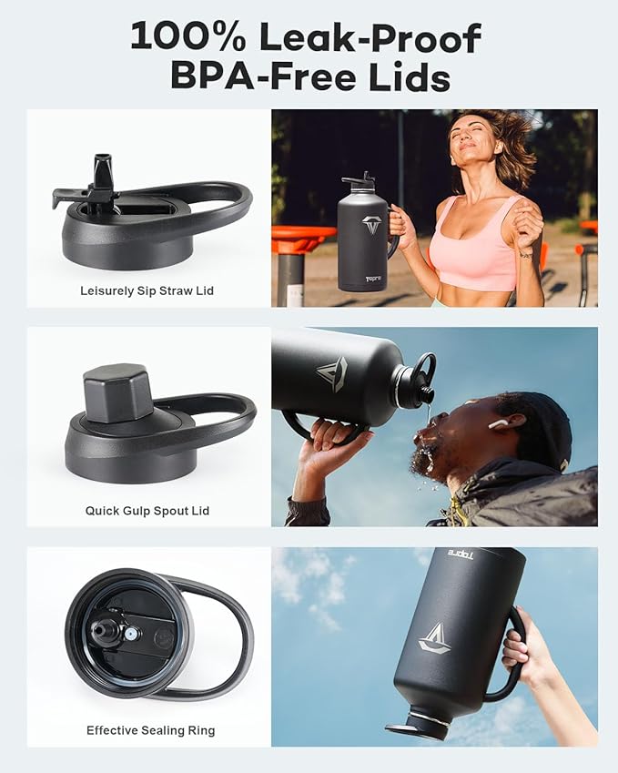 128 oz Insulated Water Bottle with Straw and Lid, One Gallon Stainless Steel Cup with Handle,Leakproof Metal Travel Jug Flask Mug Tumbler Cup With Carry Pouch and Brush,Keep Cold & Hot,Black-FlexoryFit