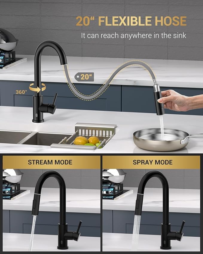 APPASO Matte Black Touchless Kitchen Faucet with Pull Down Sprayer – Hands-Free Motion Sensor, 2 Spray Modes, Built-in Soap Dispenser, High Arc Stainless Steel for Kitchen Sink