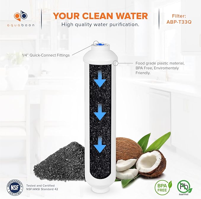 Aquaboon Premium Inline Post/Carbon Polishing Water Filter Catridge for Reverse Osmosis System Standard Size (Quick Connect Fiting) RO Water Filter Replacement Compatible with ICF-10 2-Pack