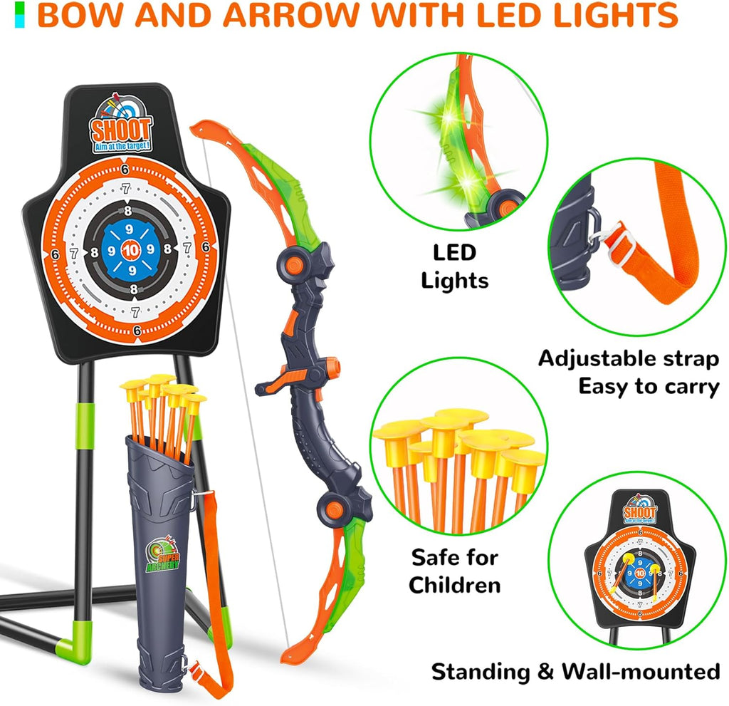 GMAOPHY Bow and Arrow for 5 6 7 8 9 10 11+ Year Old Boys, Birthday Gift for Kids, Indoor Outdoor Activity Toys, 2 Pack LED Light Up Archery Toy with 20 Suction Cup Arrows, Standing Target, 2 Quiver