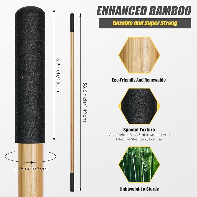 Bamboo Stretch Yoga Stick, 5ft/149 cm, Flexibility Stick for Physical Therapy, Premium Yoga Dowel with Super Sturdy Rubber Handle Ends, Exercise Bar for Posture Corrector-FlexoryFit