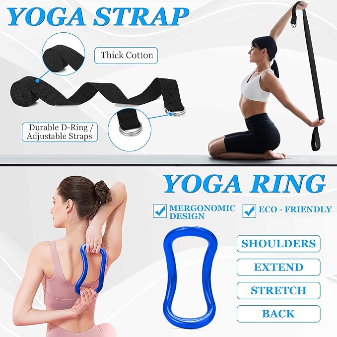 Yoga Wheel Set, Wheel Foam Roller with Back Cracker Roller for Pain Relief & Deep Tissue Massage and Stretching 500lbs Capacity, Trigger Point Therapy Massage Ball, Yoga Blocks 2 Pack with Strap-FlexoryFit