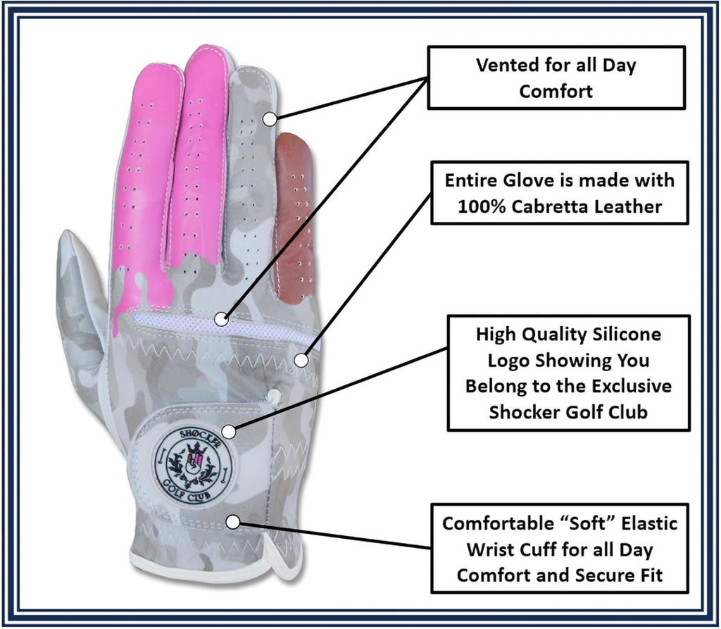 Shocker Camo Golf Glove Men's - Premium Cabretta100% Leather, Durable Grip, White and Camo, Adult Men's Golf Gloves, Funny Gag Gift, Left & Right Handed, Small to XXL Sizes