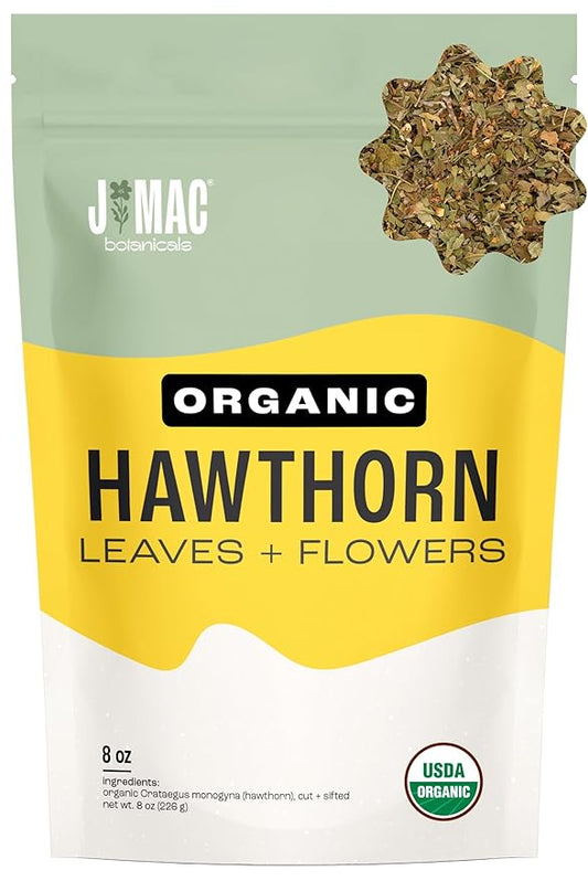 J MAC BOTANICALS Organic Hawthorn Leaves and Flower (8 oz) Dried Hawthorne leaf tea-FlexoryFit