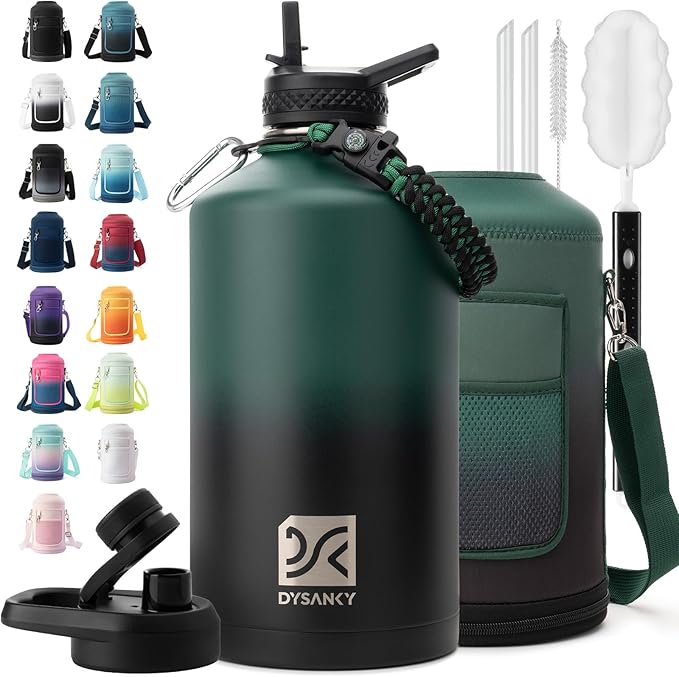 1 Gallon Water Bottle Insulated | Thickened Stainless Steel Vacuum Metal Water Jug | Portable Sports Large for Gym and Hiking with Straw, Carrier Bag, Handle Strap | BPA-Free 128 oz-FlexoryFit