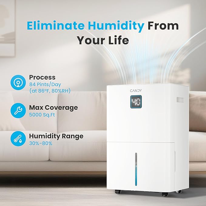 84 Pints Dehumidifier for Spaces up to 5000 Sq. Ft, Dehumidifier for Home, Basements and Large Rooms with Drain Hose and 1.45 Gallons Water Tank