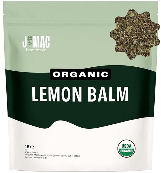 J Mac Botanicals Organic Lemon Balm (16 oz), Loose Leaf Tea, Dried Lemon Balm Tea, herbal Infusion, Lemon balm leaves, melissa officinalis tea, Certified USDA Organic-FlexoryFit