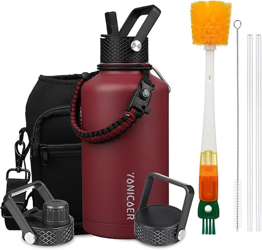 Insulated Water Bottle 64oz,Triple Wall Vacuum Stainless Steel(Dishwasher Safe),Leak Proof & Non-BPA,Flask Jug with Paracord Handle & Straw Spout Lids Sports-FlexoryFit