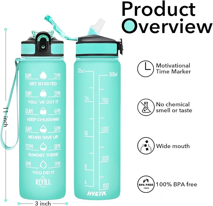 Hyeta 32 oz Water Bottles with Times to Drink and Straw, Motivational Water Bottle with Time Marker, Leakproof, Drinking Sports Water Bottle for Fitness, Gym and Outdoor-FlexoryFit