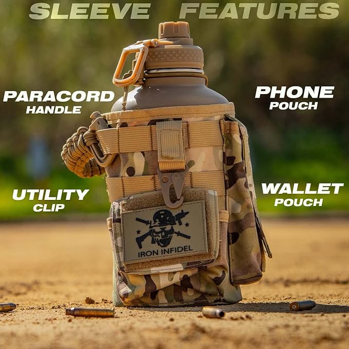 Iron Infidel Battle Bottle - Half Gallon Insulated Water Bottle with Paracord Handle - Large 64 oz Stainless Steel Water Jug & Rugged, Removable Sleeve For Keys, Wallet, Phone (OCP Camo 2 Liter)-FlexoryFit