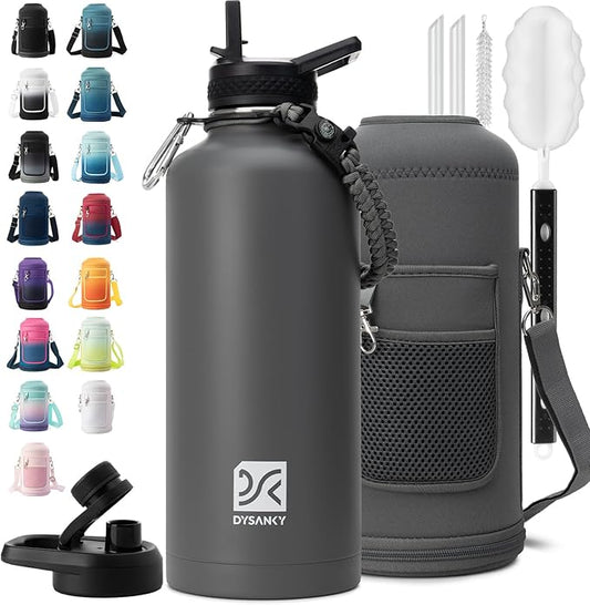 Insulated Water Bottle | Thickened Stainless Steel for Gym and Hiking with Straw, Carrier Bag, Handle Strap | BPA-Free 87 oz-FlexoryFit
