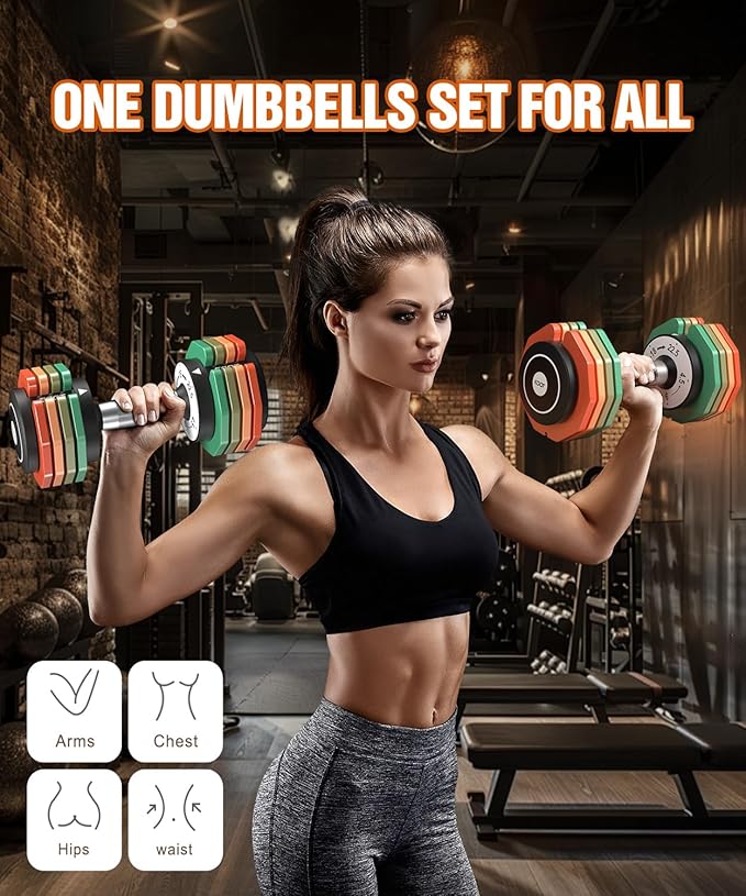 Adjustable Dumbbells Set/Single, 12.5LB/22.5LB/55LB 5 in 1 Free Adjustable Dumbbell Set with Anti-Slip Handle & Rainbow-colored Weight Plates for Home Gym, Weight Set for Women Men-FlexoryFit