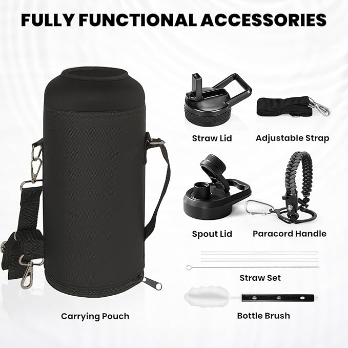 Insulated Water Bottle 87 oz, Triple Wall Vacuum Stainless Steel (Cold for 48 Hrs), Leak Proof & Non-BPA, Modern Water Flask Jug with Paracord Handle & Straw Spout Lids, Dark Grey-FlexoryFit