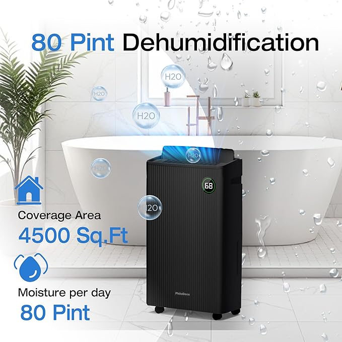 PHILODECO 80 Pint 4500 Sq.Ft with Drain Hose, Automatic Defrosting, Intelligent Humidity Control with 24HR Timer, Smart Quiet Dehumidifier, for Basement, Bathroom, Bedroom, Home, Black