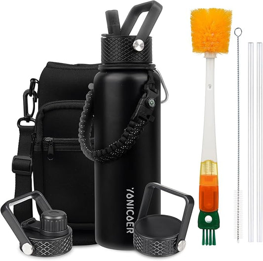 Insulated Water Bottle 64oz,Triple Wall Vacuum Stainless Steel(Dishwasher Safe),Leak Proof & Non-BPA,Flask Jug with Paracord Handle & Straw Spout Lids Sports-FlexoryFit