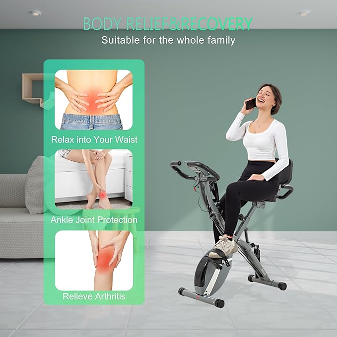 BARWING Stationary Exercise Bike for Home Workout, 5 IN 1 Foldable Indoor Cycling Bike for Seniors, 350LB Capacity, 16-Level Magnetic Resistance, Seat Backrest Adjustments