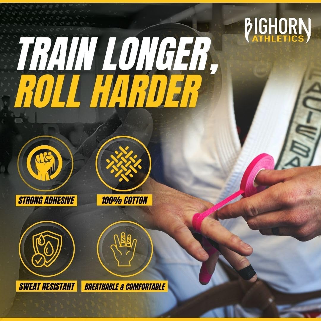 Bighorn Athletics Jiu Jitsu Finger Tape, Rock Climbing Tape | Multipurpose for Sports & Injuries: MMA, Volleyball, Football, Basketball, Tennis, Golf, Hands & Toes, 0.5-Inch x 45-feet, 8-Rolls, Pink