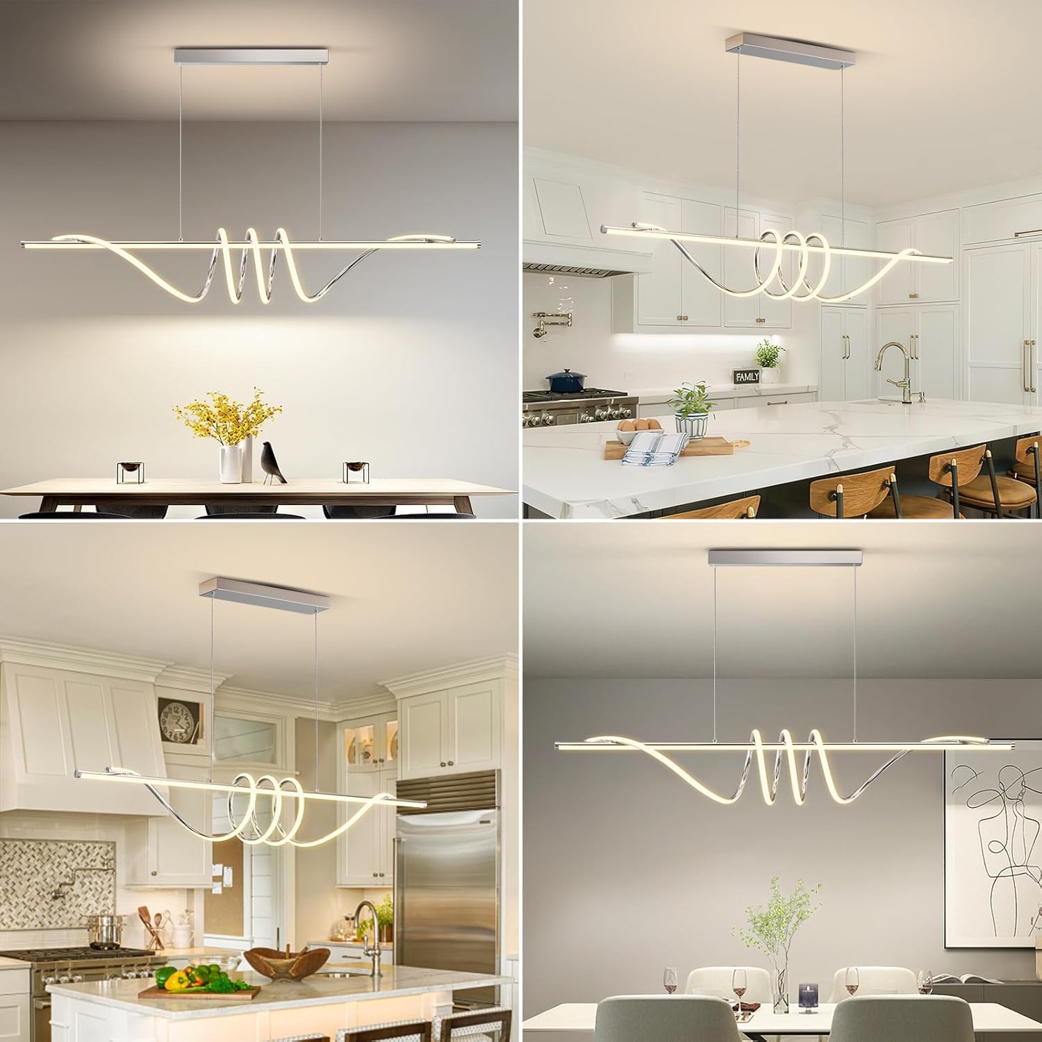 Modern Pendant Light Kitchen Island 57in Dimmable Hanging Lamp 3000k-6000K Adjustable Warm/Nautral/White with Remote Control, Dining Room Light Fixture Chrome Silver