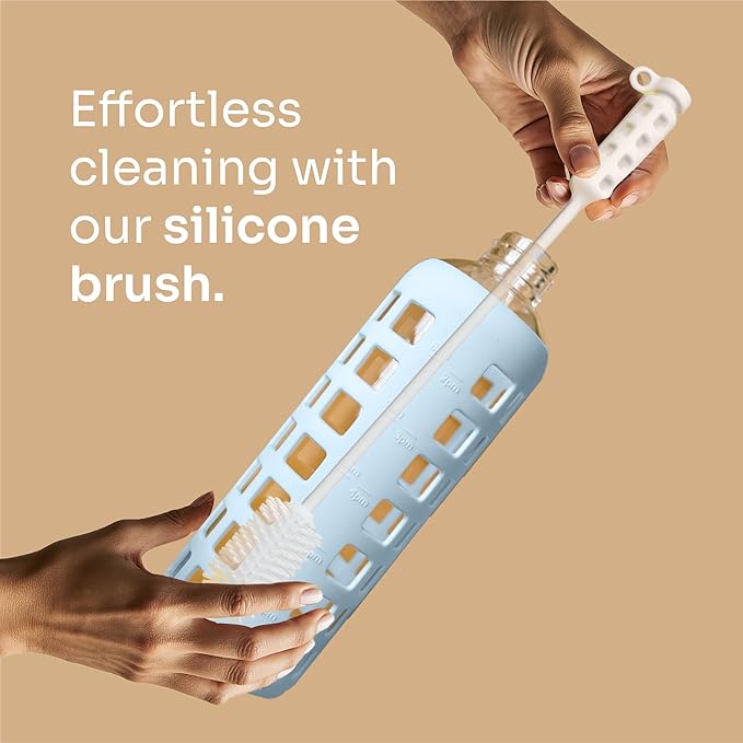 purifyou 40oz / 32oz / 22oz / 12oz Borosilicate Glass Water Bottle with Time & Volume Markers, Silicone Sleeve, Stainless Steel Lid | Reusable Glass Bottle for Water & Juice (40oz Ice Blue)