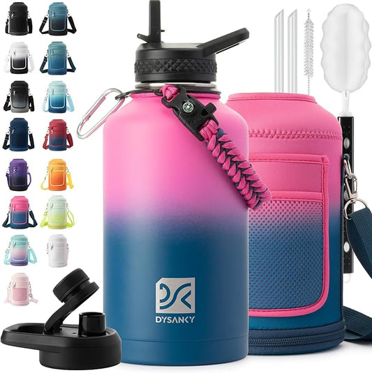 Insulated Water Bottle | Thickened Stainless Steel Vacuum Metal | Portable Sports Half Gallon Large Water Jug for Gym and Hiking with Straw, Carrier Bag, Handle Strap | BPA-Free 64 oz-FlexoryFit