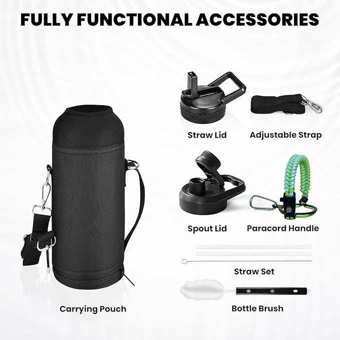 Insulated Water Bottle 40 oz, Triple Wall Vacuum Stainless Steel (Cold for 48 Hrs), Leak Proof & Non-BPA, Modern Water Flask Jug with Paracord Handle & Straw Spout Lids, Ombre Green-FlexoryFit