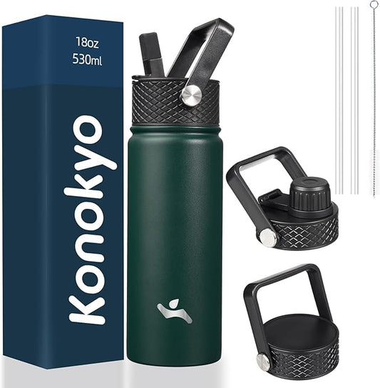 18 oz Insulated Water Bottle Stainless Steel Sport Bottles with 3 Lids,Army Green-FlexoryFit