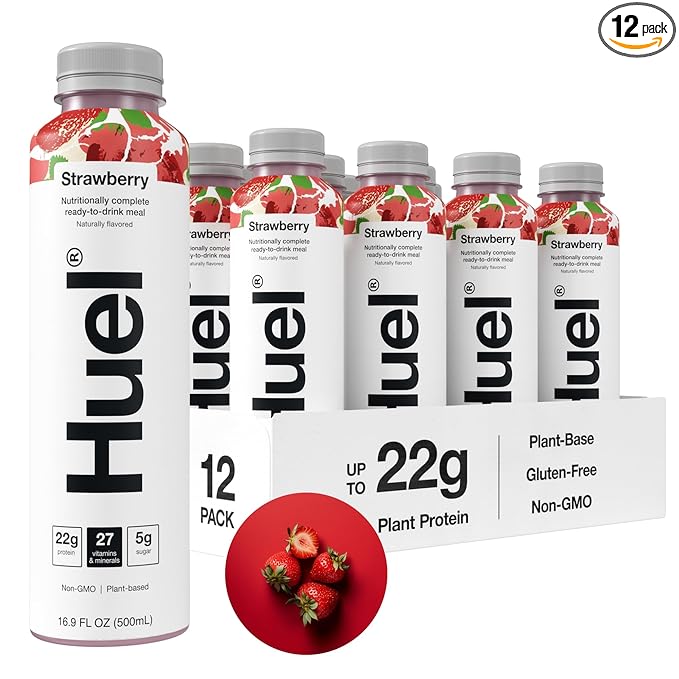 Huel Ready-to-Drink | Strawberry Shortcake Meal Replacement Drink | High Protein Drink | Nutritionally Complete, Low Sugar, High Fiber, Plant Based, Vegan, Healthy | 22g Protein Per Bottle, 16.9 Fl Oz (12 Pack)-FlexoryFit