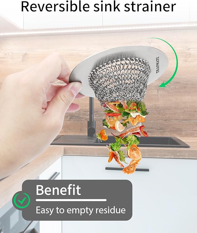 TRAPMATE Kitchen Sink Drain Strainer, Stainless Steel Sink Drain Strainer, 4.4 inch Sink Strainer Basket, Upgrade Anti-Clogging Garbage Disposal Strainer For US Standard Kitchen Drain, Dishwasher Safe