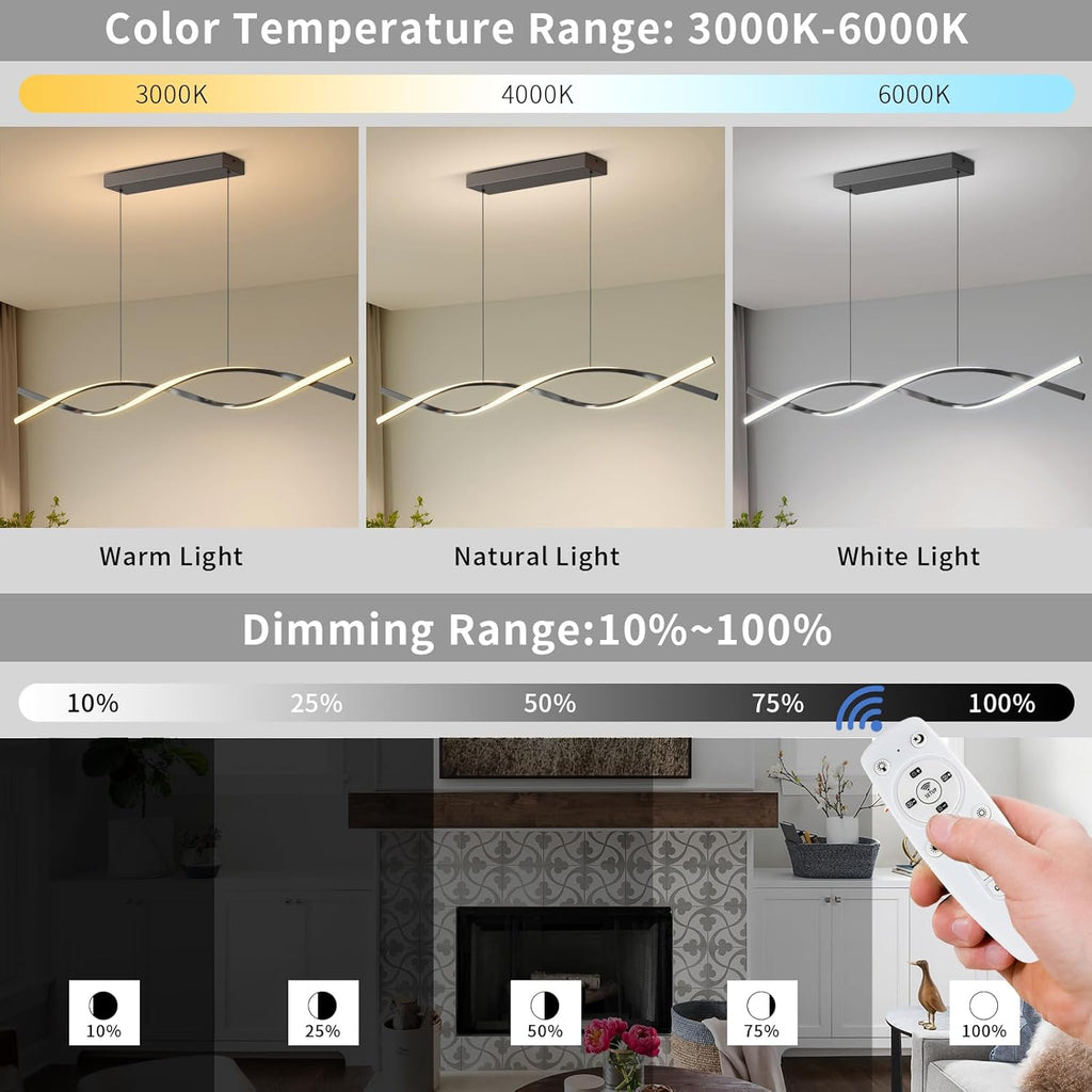 Modern Kitchen Island Pendant Lights, 47in LED Chandelier Fixture Dimmable 3000k-6000K Color, Aluminum Island Lighting Lamp for Dining Room, Billiard Room