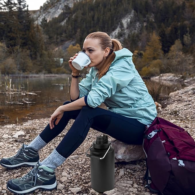Kerilyn Insulated Jug with Handle, One Gallon, 128oz Stainless Steel, Large Double Vacuum Water Bottle for Hot & Cold Drinks, Wide Mouth, Sweat Proof, Great for Travel, Hiking & Camping, Black-FlexoryFit