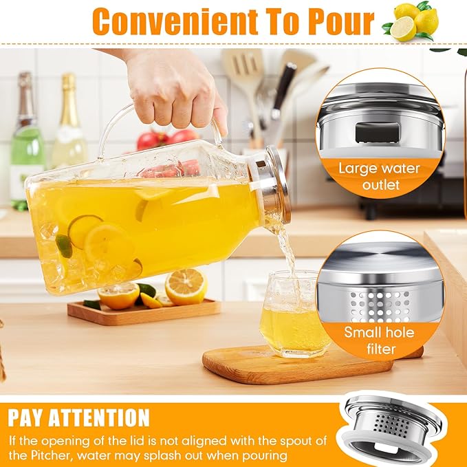 Honeydak 2 Pack 3 Liters 100 oz Column Glass Pitcher with Lid and Handle, Glass Water Jars Carafe Jug for Hot/Cold Drinks, Tea, Beverages, Parties and Picnics
