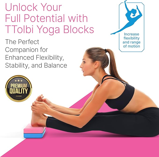 Yoga Blocks 2 Pack Set with Dance Stretch Band & Guide: Non-Slip EVA Foam Block - Ideal Stretching Equipment for Home Workouts, Pilates, Dance, Ballet, Gymnastics, Exercise - Stretch Strap Stuff Props-FlexoryFit