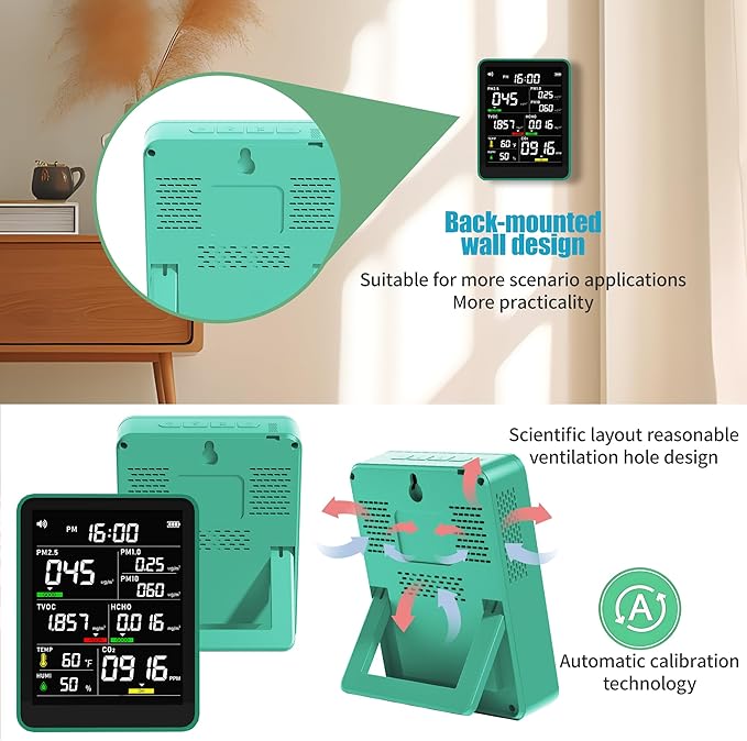 XOOPON 13-in-1 Indoor Air Quality Monitor with PM1.0/2.5/10, CO2, HCHO, TVOC, Temp, Humidity & Time, 4 Alarm Modes, Portable Air Quality Tester for Home, Office, Car, Wall-Mount or Desktop Use