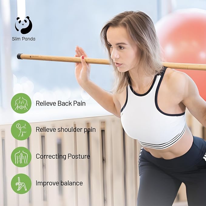 Slim Panda Yoga Stick, 5ft Natural Bamboo Stick with Rubber Ends, Exercise Stretching Stick for Yoga, Stretching, Balance and Correcting Posture, Rehabilitation Physical Therapy Aids-FlexoryFit