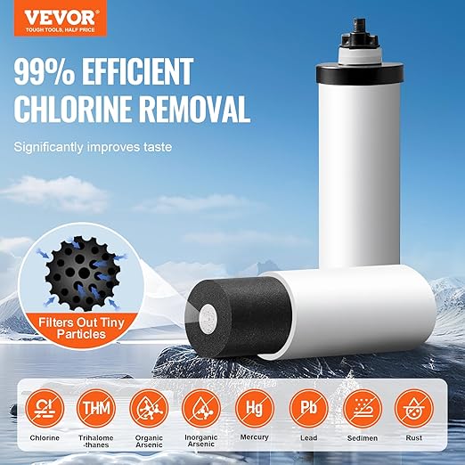VEVOR Gravity-fed Water Filter System, 2.25G 304 Stainless-Steel Countertop Water Filtration System, Reduces Lead and up to 99% of Chlorine, with 2 Ceramic Carbon Filters, Water Level Spigot, Stand