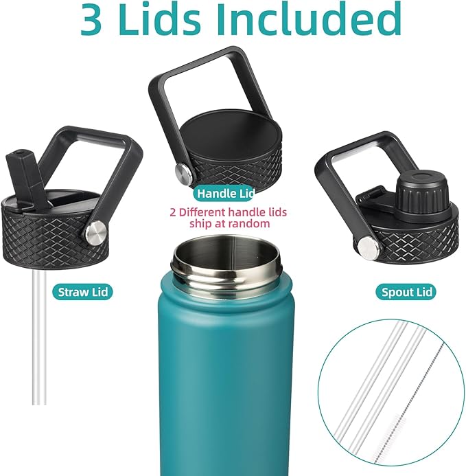 18 oz Insulated Water Bottle Stainless Steel Sport Bottles with 3 Lids,Light Blue-FlexoryFit