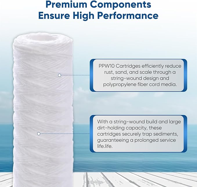 PUREPLUS 20 Micron 10"x2.5" Whole House String Wound Sediment Filter for Well Water, Replacement Cartridge for Universal 10 inch RO System, WP-5, Aqua-Pure AP110, CFS110, Culligan P5,WFPFC4002, 4Pack