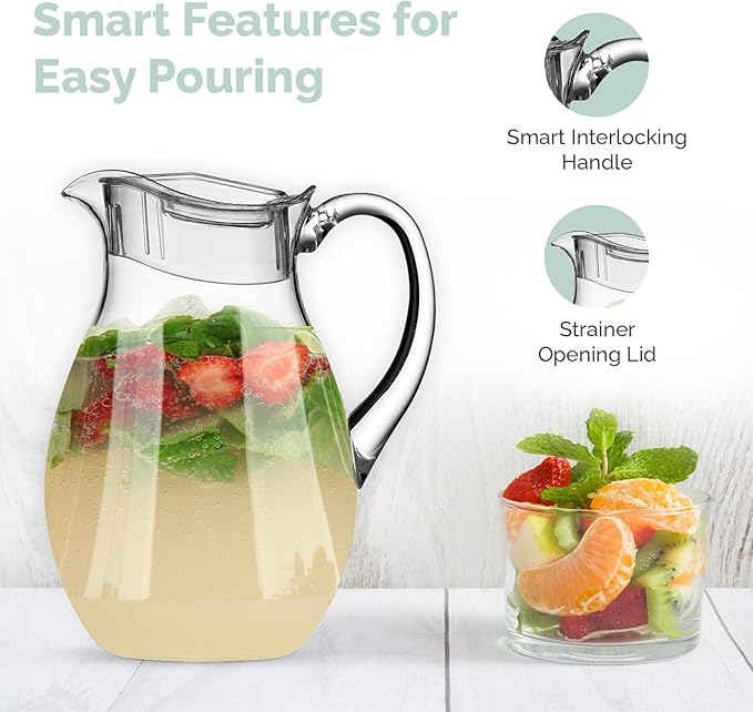 MosJos Acrylic Pitcher (72 oz), Clear Plastic, Water Pitcher with Lid, Shatterproof, BPA-Free Clear Pitcher, Ideal for Sangria, Lemonade, Juice, Iced Tea & More