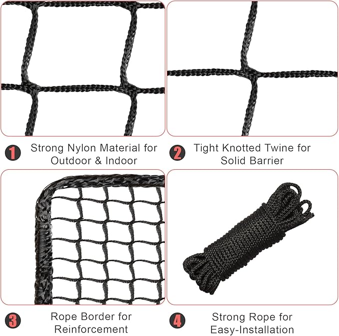 Storgem Baseball Softball Backstop Nets, Sports Netting, Sports Barrier Netting, Heavy Duty Sports Nets Netting Knotless for Playing Field, Backyard or Garage