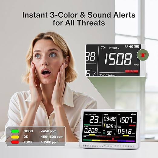 bonoch 16 in 1 Air Quality Monitor Indoor 7" Display 9 AQI+7 AQI Alerts Air Quality Tester for CO2, TVOC, PM2.5 PM1.0 PM10, HCHO, Temperature Humidity AQI & Time, Air Quality Meter for Home-White