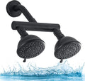 High Pressure Double Shower Head with Shut-Off Valve and Shower Arm Set Solid Brass Casting Dual Outlet Manifold Dual Shower Fixed Head 3 Function Shower Heads Sprayers, Matte Black