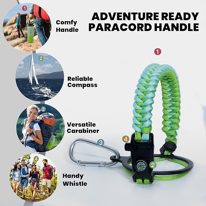 Insulated Water Bottle 40 oz, Triple Wall Vacuum Stainless Steel (Cold for 48 Hrs), Leak Proof & Non-BPA, Modern Water Flask Jug with Paracord Handle & Straw Spout Lids, Ombre Green-FlexoryFit