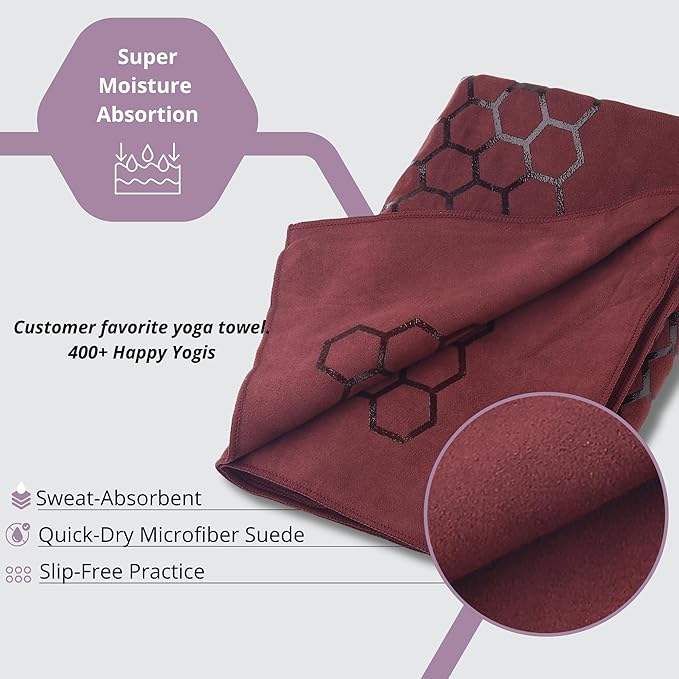 Clever Yoga Non-Slip Hot Yoga Towel – Non-Slip Grip for Hot Yoga, Sweat Absorbent, Honeycomb Silicone Grip, Stays Flat – Ideal for Pilates, Travel, Washable & Lightweight - Burgundy-FlexoryFit