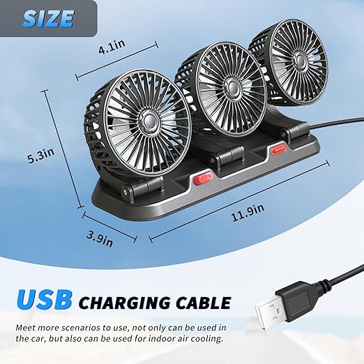 Portable 3-Head Car Cooling Fan - 2-Speed Adjustable, 360° Rotating USB Fan Powerful Airflow for Vehicles, RVs, and SUVs